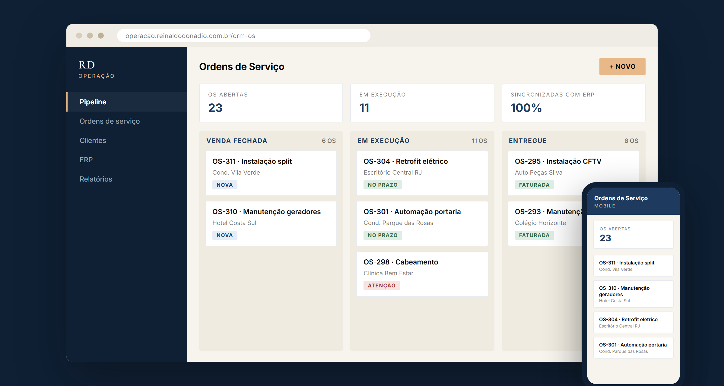Tela do sistema de CRM com Ordens de Serviço
