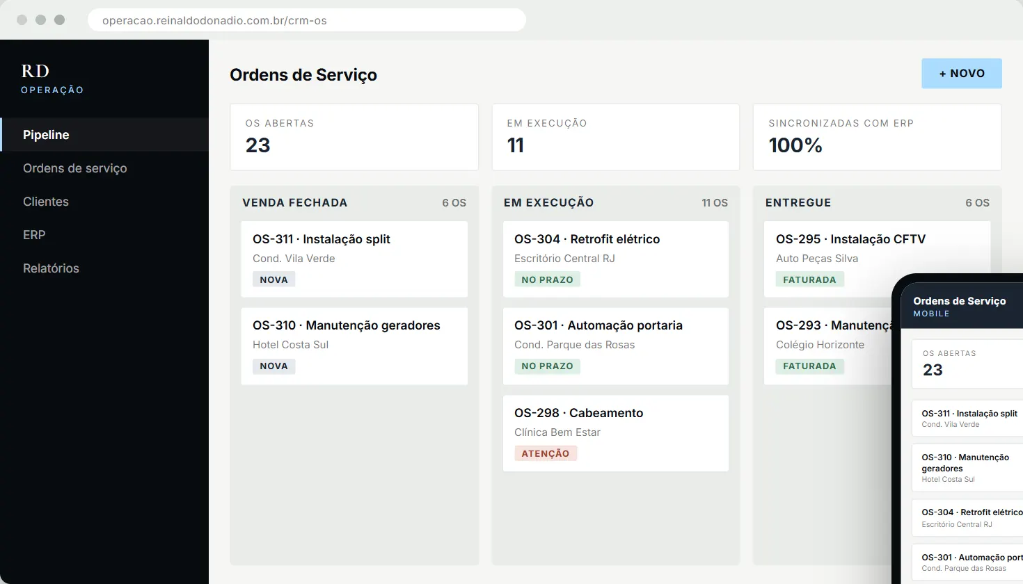 Tela do sistema de CRM com Ordens de Serviço