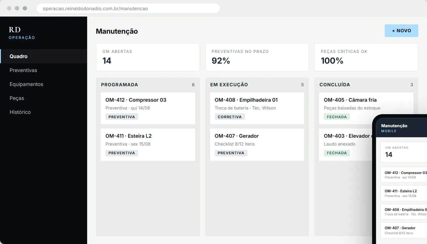 Tela do sistema de Manutenção de Equipamentos